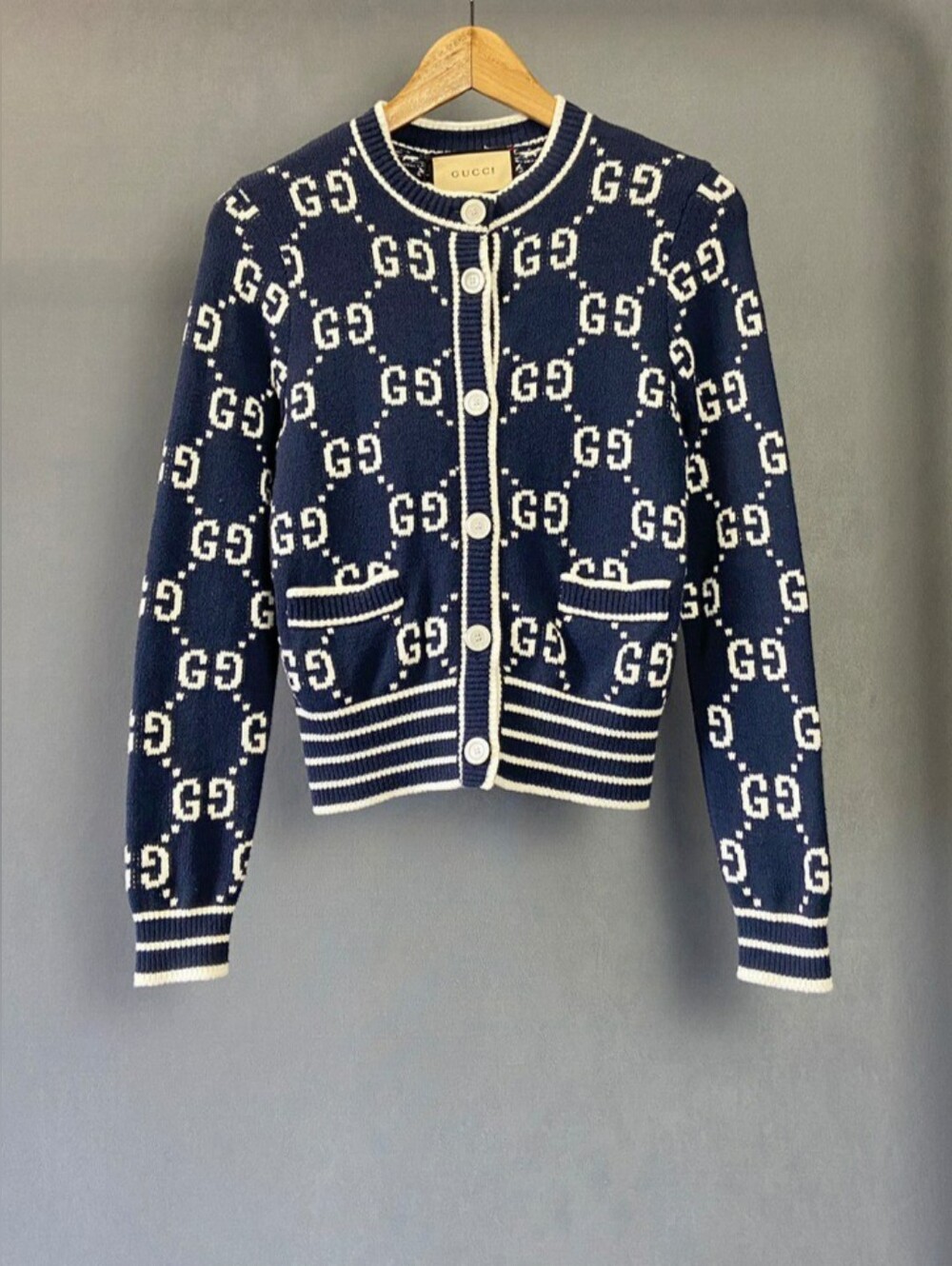 Gucci Navy and White GG Button-Front Cardigan
